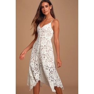 Lulu’s One Wish White Lace Midi Dress